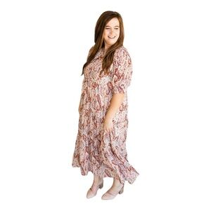 NEW POLAGRAM Ivory Paisley Print Short Sleeve Button Front Midi Dress Large